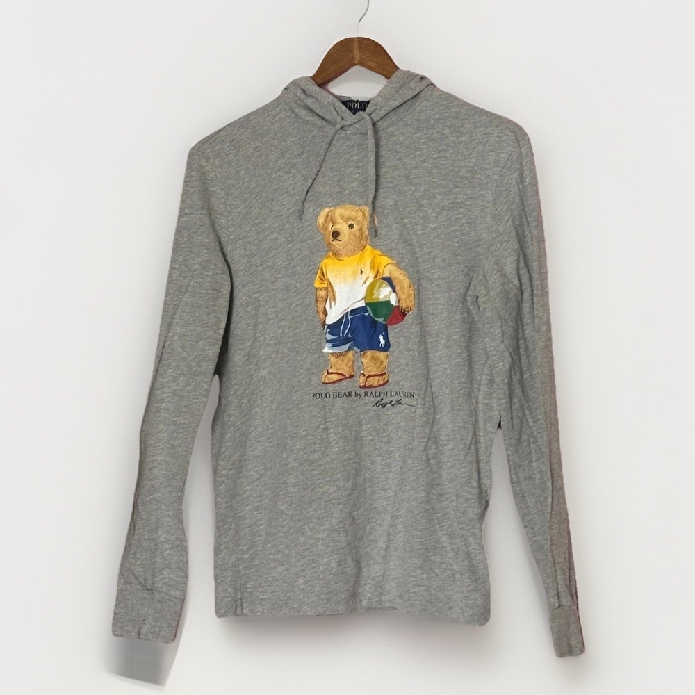 Polo Ralph Lauren Polo Bear Hoodie T Shirt Gray Beach‎ Bear Graphic Cotton S